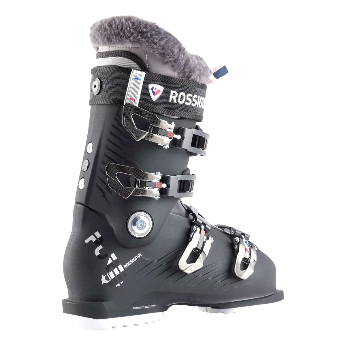 Rossignol Ladies Pure Pro 80 Ski Boots 2022-2023 - A black ski boot with a white logo on the side and silver buckles.
