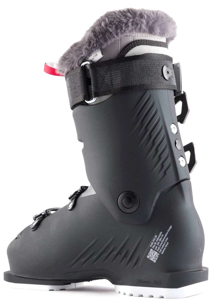 Rossignol Ladies Pure Pro 80 Ski Boots 2022-2023 - A black ski boot with a white logo on the side and silver buckles.