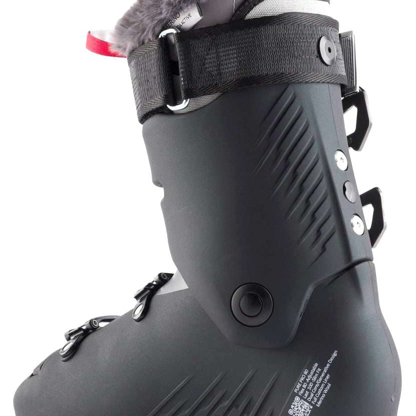 Rossignol Ladies Pure Pro 80 Ski Boots 2022-2023 - A black ski boot with a white logo on the side and silver buckles.