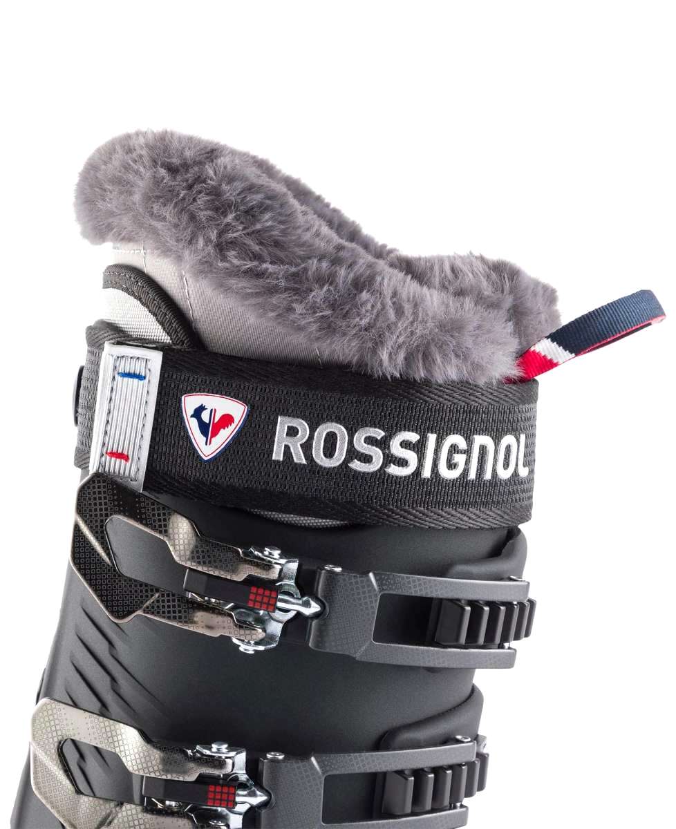 Rossignol Ladies Pure Pro 80 Ski Boots 2022-2023 - A black ski boot with a white logo featuring a red and blue bird silhouette, and a small red stripe on the side.