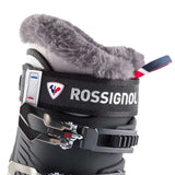 Rossignol Ladies Pure Pro 80 Ski Boots 2022-2023 - A black ski boot with a white logo featuring a red and blue bird silhouette, and a small red stripe on the side.