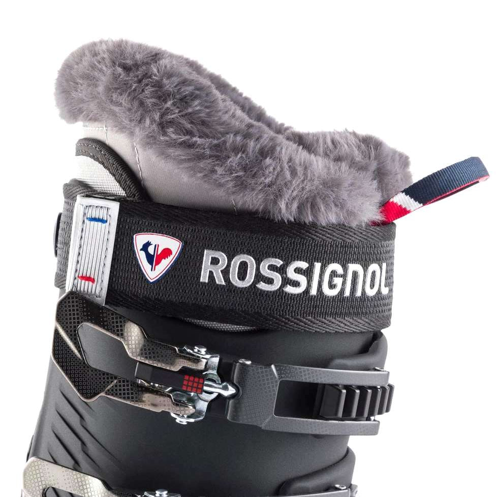 Rossignol Ladies Pure Pro 80 Ski Boots 2022-2023 - A black ski boot with a white logo featuring a red and blue bird silhouette, and a small red stripe on the side.