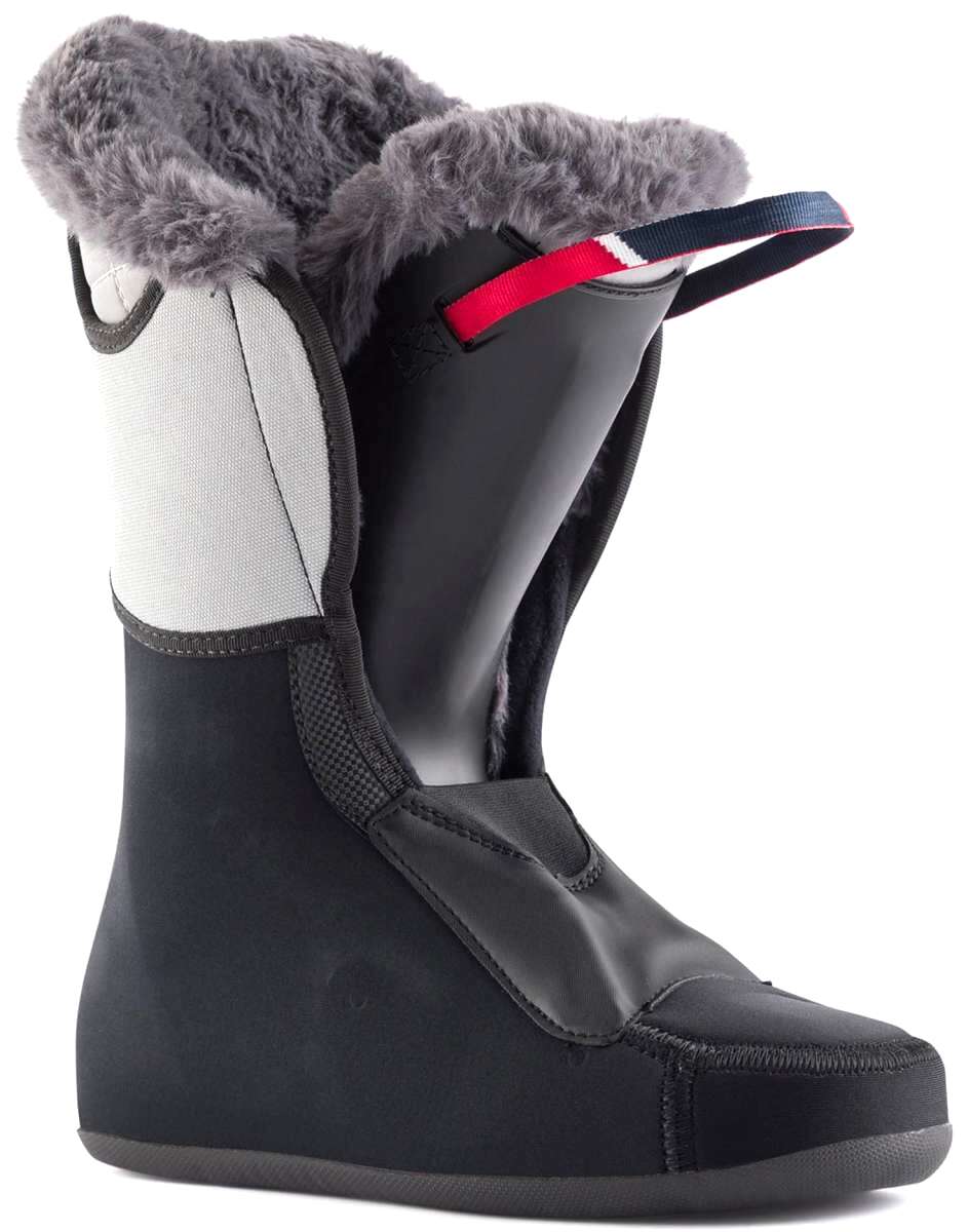 Rossignol Ladies Pure Pro 80 Ski Boots 2022-2023 - A pair of black ski boots with a white logo on the side and a red strap at the top.
