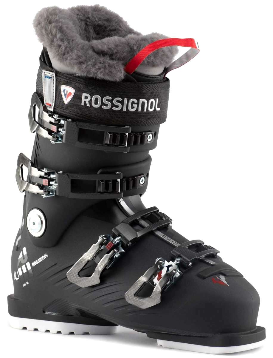Rossignol Ladies Pure Pro 80 Ski Boots 2022-2023 - Black ski boots with white lettering and a red logo on the side.