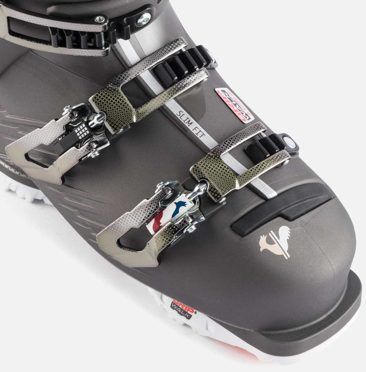 Rossignol Women's Pure Pro Heat 100 Ski Boots 2023 - Black ski boots with silver buckles and straps.