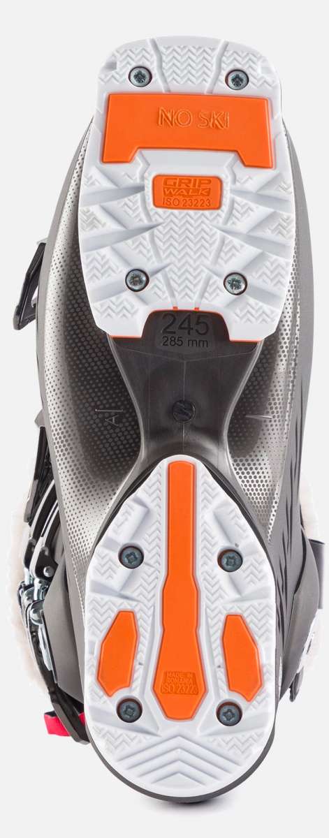 Rossignol Women's Pure Pro Heat 100 Ski Boots 2023 - Black ski boots with a textured, grippy sole and silver buckles.