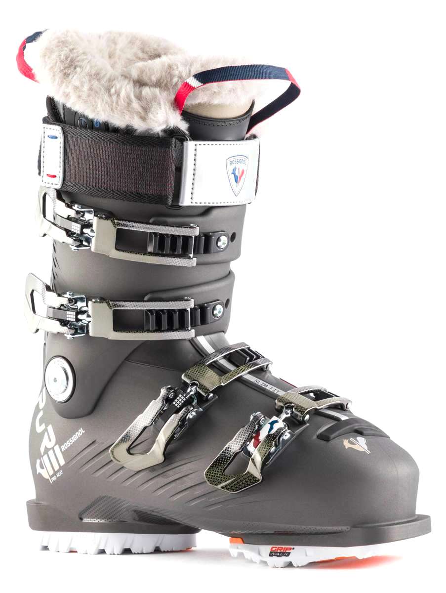 Rossignol Women's Pure Pro Heat 100 Ski Boots 2023 - Black ski boots with white fur lining at top of boot.