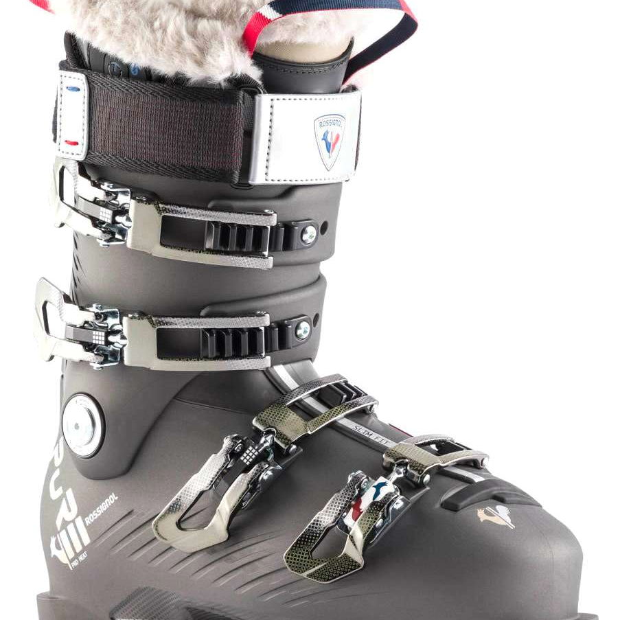 Rossignol Women's Pure Pro Heat 100 Ski Boots 2023 - Black ski boots with white fur lining at top of boot.