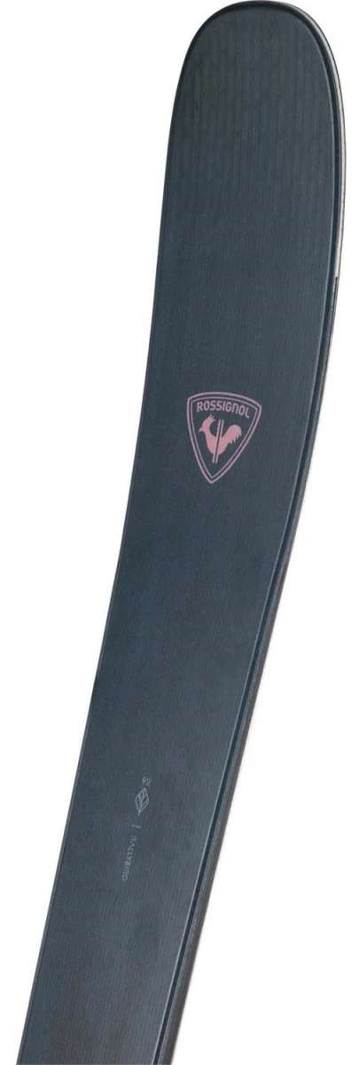 Rossignol Women's Rallybird 92 Ski 2024 - A black ski with a pink logo featuring a rooster silhouette and the word "ROSSIGNOL" in white letters.