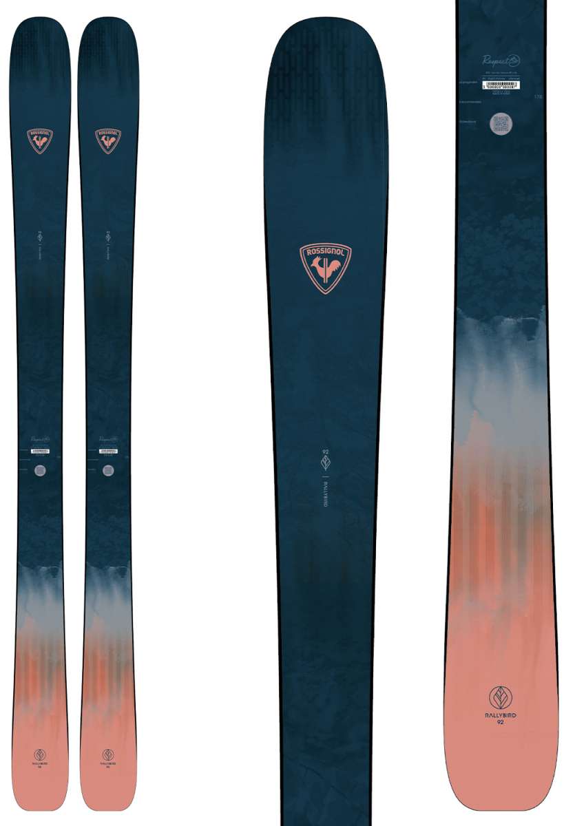 Rossignol Women's Rallybird 92 Ski 2024 - A dark blue ski with a pink logo and a gradient of orange at the bottom.