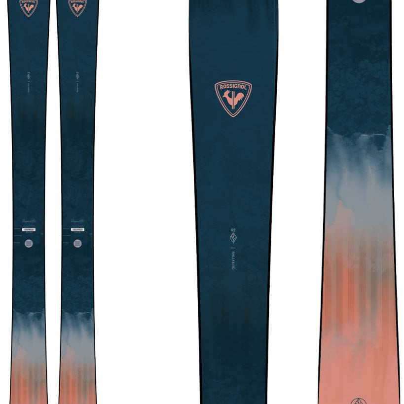 Rossignol Women's Rallybird 92 Ski 2024 - A dark blue ski with a pink logo and a gradient of orange at the bottom.