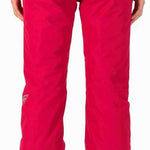 Rossignol Ladies Rapide Insulated Pant 2022-2023 - A pair of red ski pants with a white logo on the left leg, featuring a zippered pocket and adjustable cuffs.