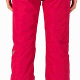 Rossignol Ladies Rapide Insulated Pant 2022-2023 - A pair of red ski pants with a white logo on the left leg, featuring a zippered pocket and adjustable cuffs.