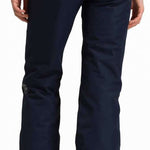Rossignol Ladies Rapide Insulated Pant 2022-2023 - A pair of dark blue ski pants with a black logo on the left thigh and silver buckles at the waist.