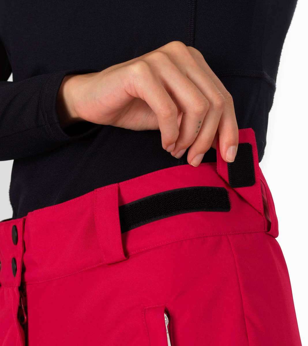 Rossignol Ladies Rapide Insulated Pant 2022-2023 - A pair of red ski pants with a black waistband and belt loops.