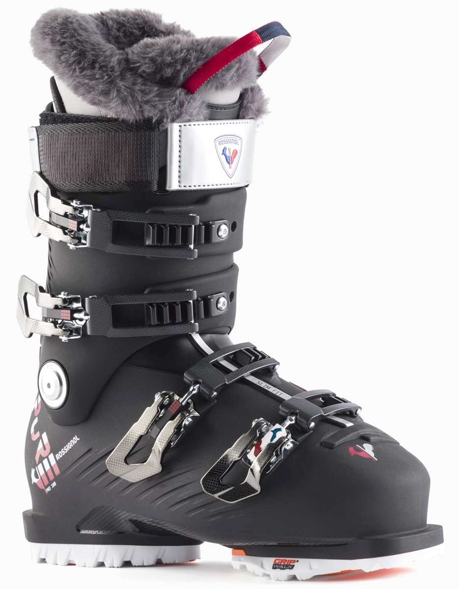 Rossignol Pure Pro 100 Ski Boots 2024 - Black ski boots with silver buckles and straps, featuring a white logo on the side.