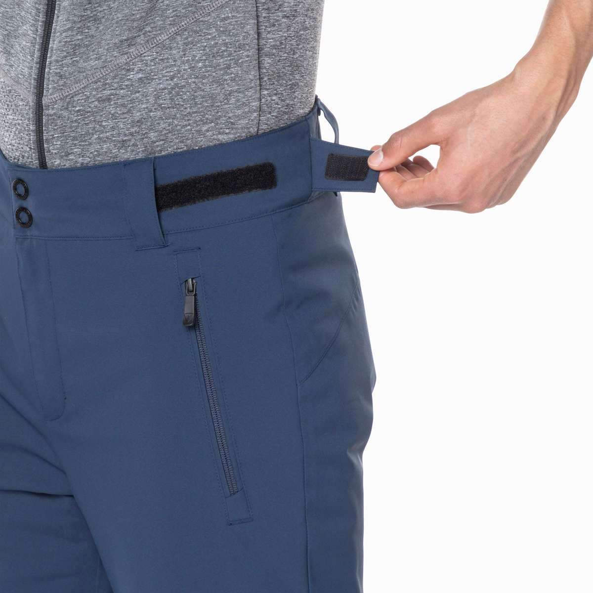 Rossignol Siz Insulated Pant 2024 - A pair of navy blue snow pants with a black zipper and two black snap buttons on the waistband.
