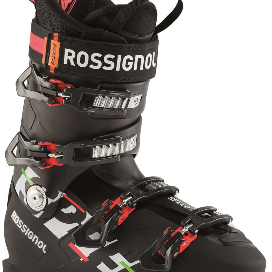 Rossignol Speed 120 Ski Boots 2022-2023 - Black ski boots with silver buckles and red accents.