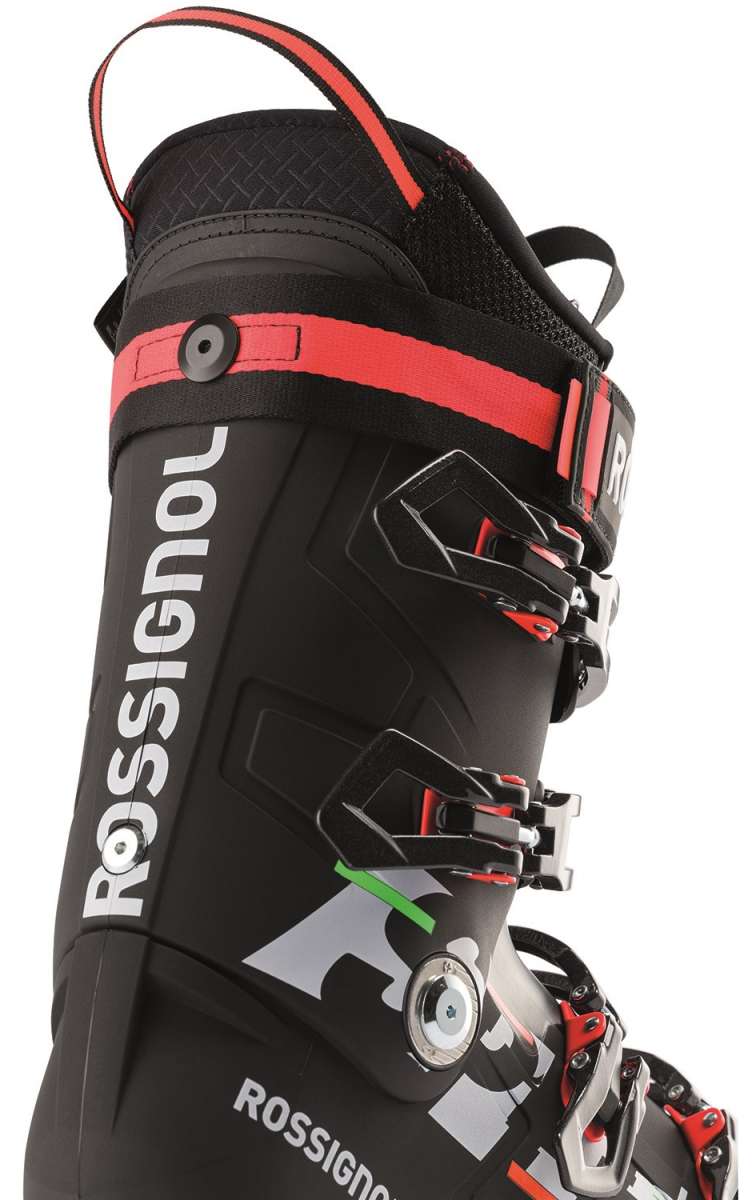 Rossignol Speed 120 Ski Boots 2022-2023 - Black ski boots with white lettering and a red stripe on top.
