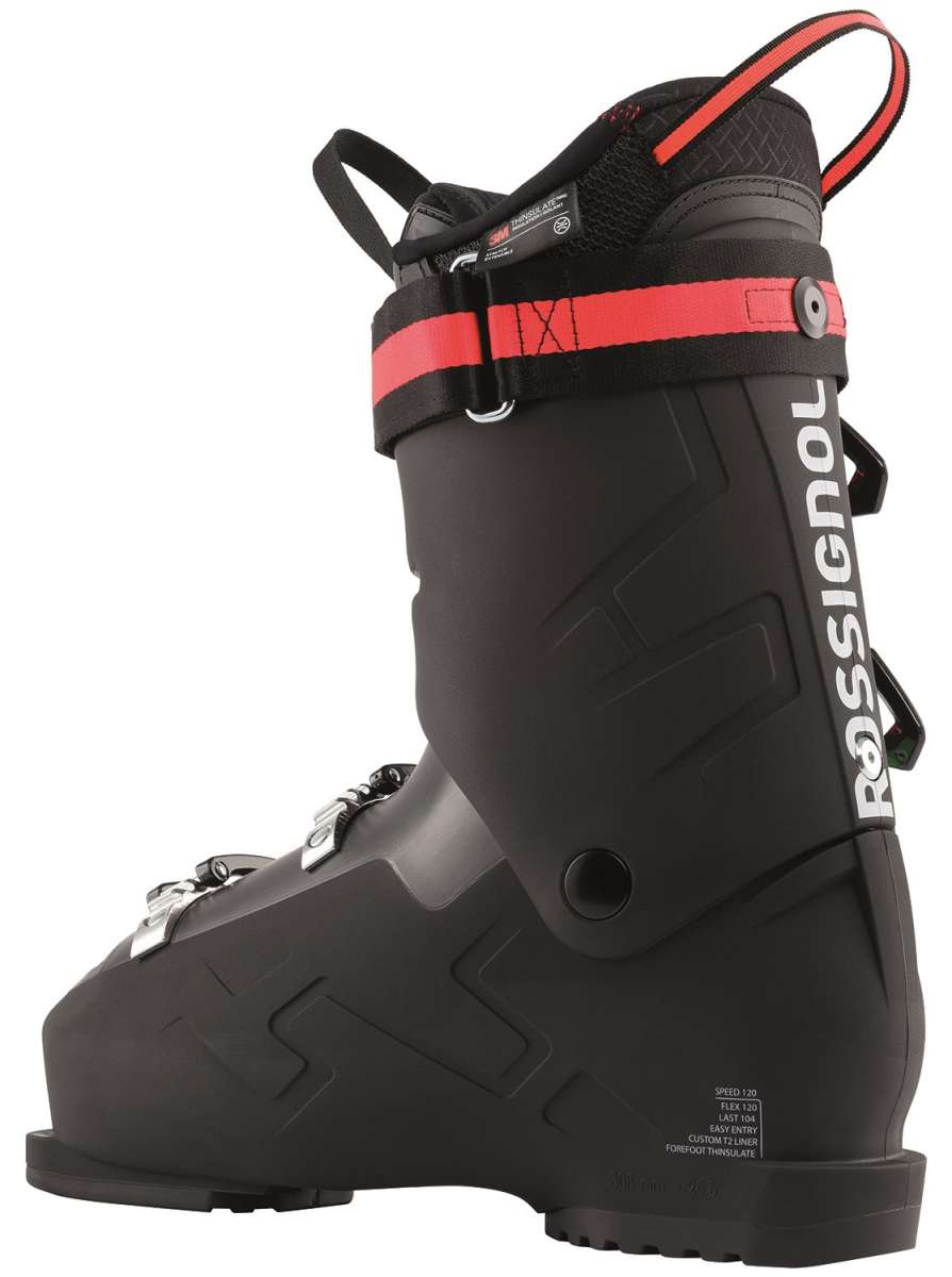 Rossignol Speed 120 Ski Boots 2022-2023 - Black ski boots with silver buckles and straps, featuring a textured pattern on the side.