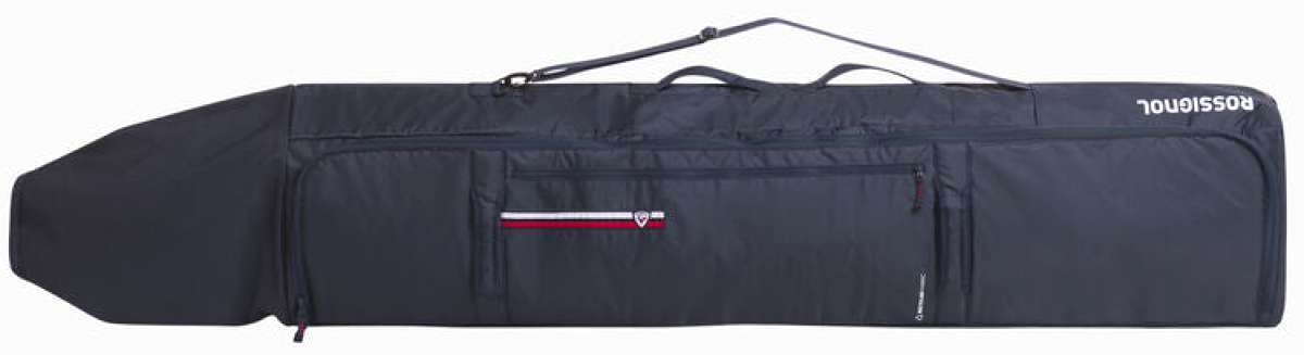 Rossignol Strato Extendable Wheely 2 Pairs Ski Bag - 2024 model with a sleek black design and silver hardware accents.