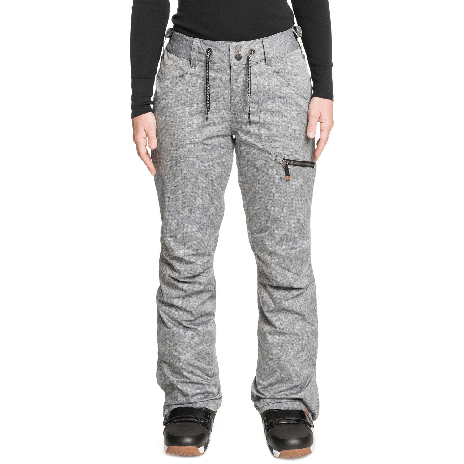 Roxy Women's Nadia Insulated Pants 2022 - A pair of grey snow pants with a subtle grid pattern and zippered pockets.