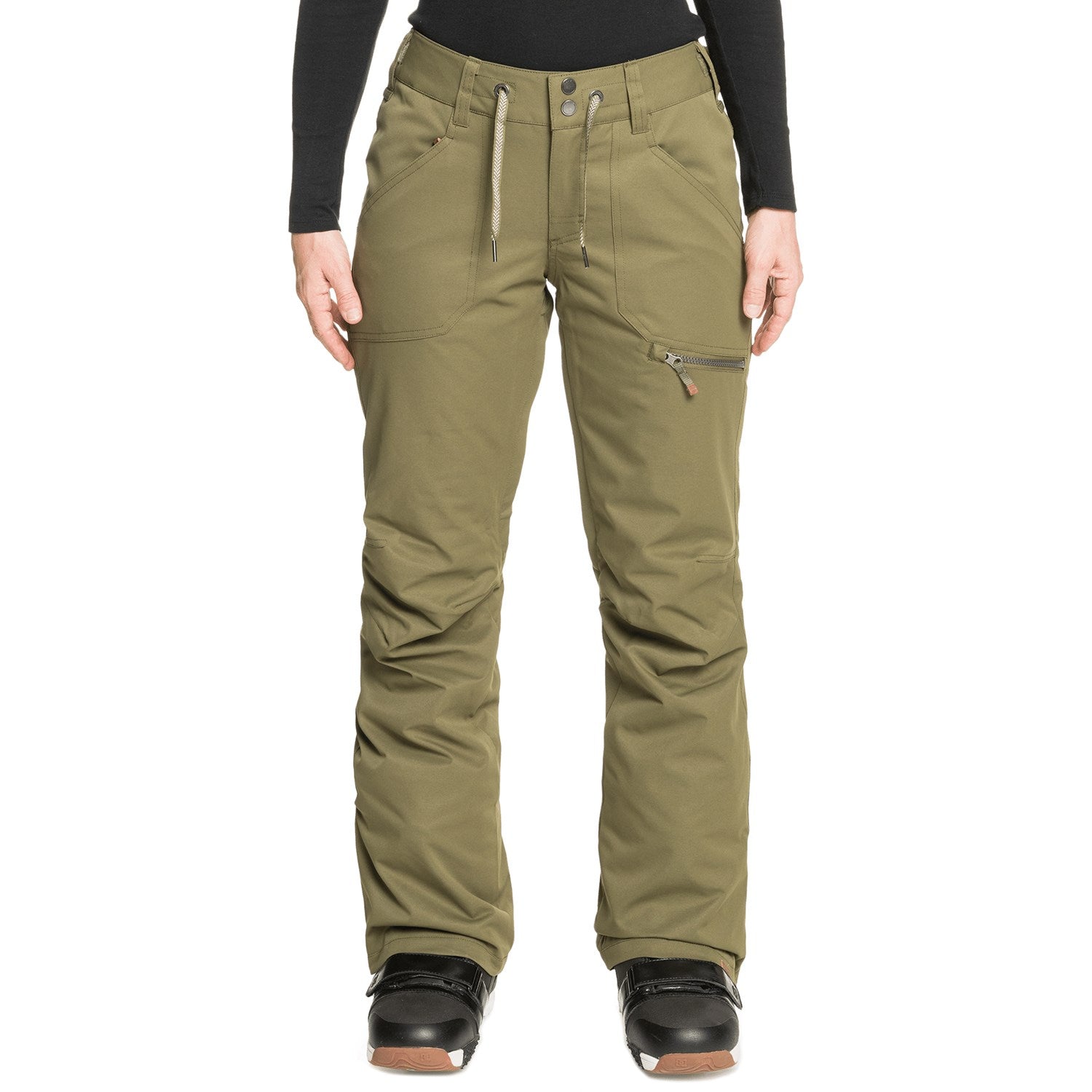 Roxy Women's Nadia Insulated Pants 2022 - Olive green pants with zippered pockets and a drawstring waistband.