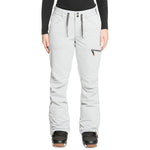 Roxy Women's Nadia Insulated Pants 2022 - A pair of light gray snow pants with a zippered pocket on the right thigh and black drawstrings at the waist.