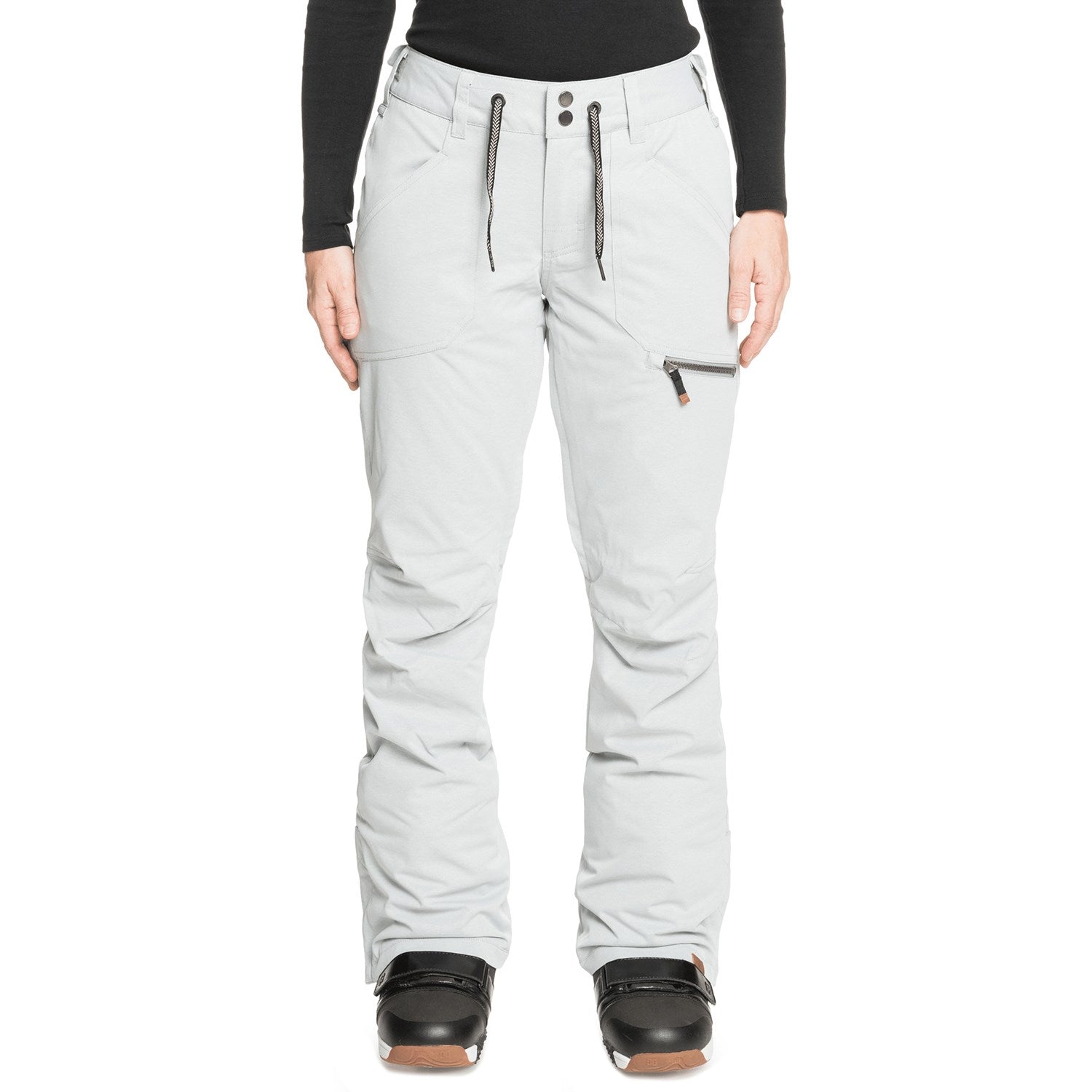 Roxy Women's Nadia Insulated Pants 2022 - A pair of light gray snow pants with a zippered pocket on the right thigh and black drawstrings at the waist.