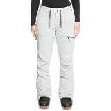Roxy Women's Nadia Insulated Pants 2022 - A pair of light gray snow pants with a zippered pocket on the right thigh and black drawstrings at the waist.