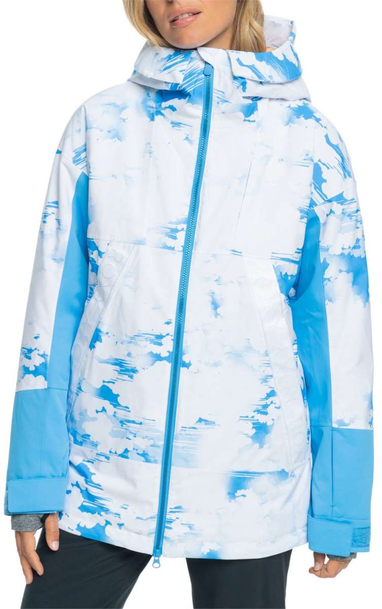 Roxy Women's Chloe Kim Insulated Jacket 2024 - A white and blue abstract patterned jacket with a hood, worn by a model against a plain background.