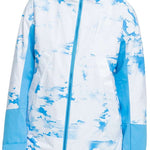 Roxy Women's Chloe Kim Insulated Jacket 2024 - A white and blue abstract patterned jacket with a hood, worn by a model against a plain background.