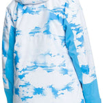Roxy Women's Chloe Kim Insulated Jacket 2024 - A white and blue abstract patterned jacket with a hood, worn by a model from behind.