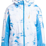 Roxy Women's Chloe Kim Insulated Jacket 2024 - A white and blue abstract patterned jacket with a hood, featuring a zippered front and two side pockets.