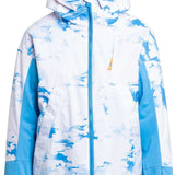 Roxy Women's Chloe Kim Insulated Jacket 2024 - A white and blue abstract patterned jacket with a hood, featuring a zippered front and two side pockets.