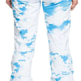 Roxy Women's Chloe Kim Insulated Pants 2024 - White snow pants with blue abstract brush stroke pattern and orange zipper pull on back pocket.