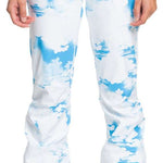 Roxy Women's Chloe Kim Insulated Pants 2024 - White snow pants with blue abstract brush stroke pattern.