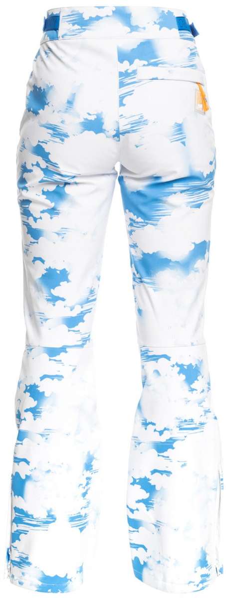 Roxy Women's Chloe Kim Insulated Pants 2024 - White snow pants with blue abstract brush stroke pattern and a yellow zipper pull on the back pocket.