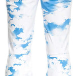 Roxy Women's Chloe Kim Insulated Pants 2024 - White snow pants with blue abstract brush stroke pattern and a yellow zipper pull on the back pocket.