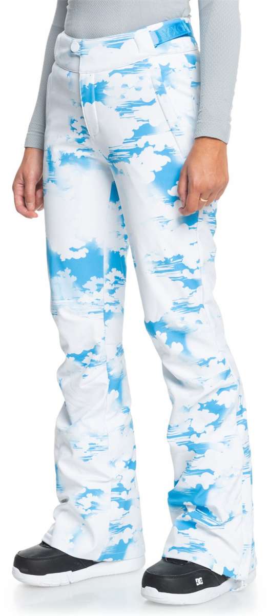 Roxy Women's Chloe Kim Insulated Pants 2024 - White snow pants with blue abstract pattern and white clouds.