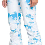 Roxy Women's Chloe Kim Insulated Pants 2024 - White snow pants with blue abstract pattern and white clouds.