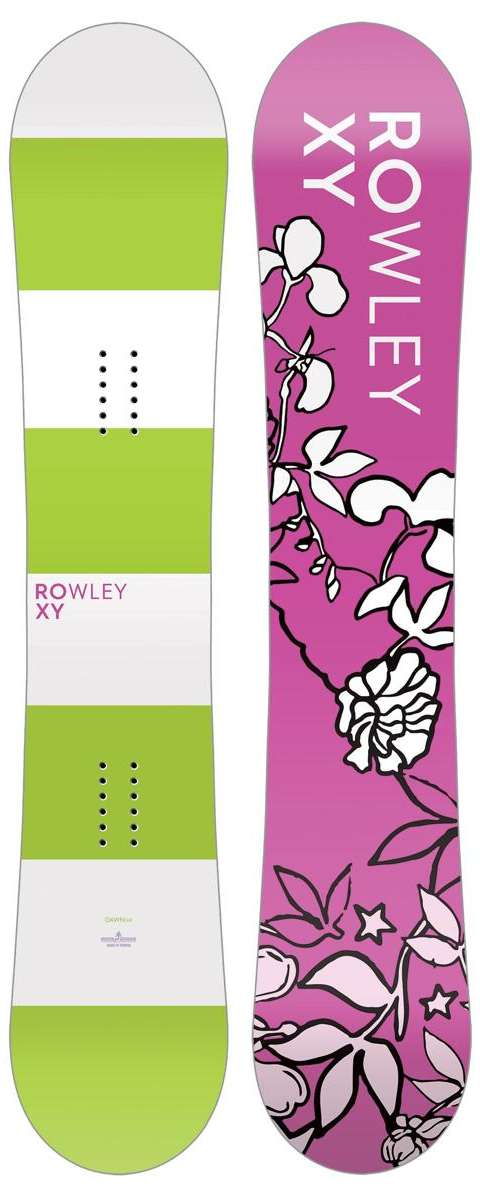 Roxy Women's Dawn Cynthia Rowley Snowboard 2024 - A pink snowboard with a white logo and black text on top, featuring a floral pattern along the bottom edge.