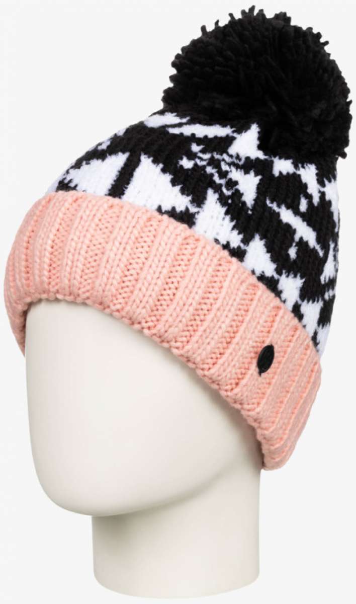 Roxy Junior's Amara Beanie 2023 - A black and white fair isle patterned beanie with a pink brim and pom-pom on top.