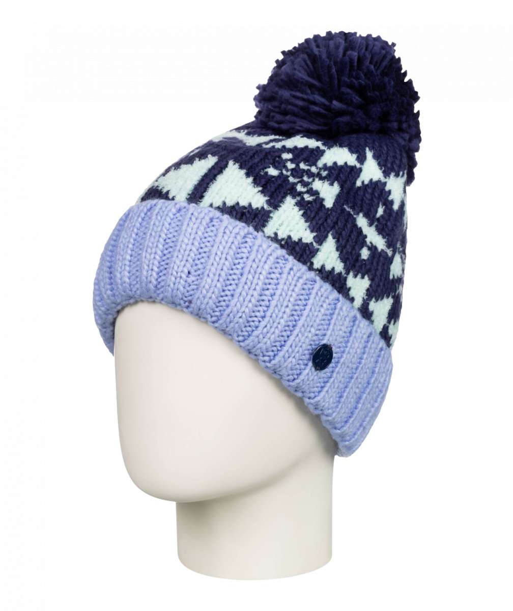 Roxy Junior's Amara Beanie 2023 - A navy and white fair isle patterned beanie with a pom-pom on top.
