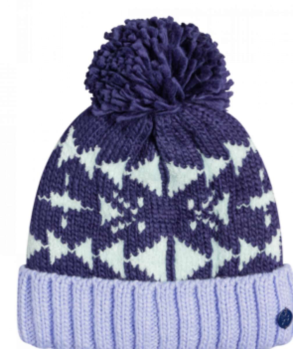 Roxy Junior's Amara Beanie 2023 - A navy blue beanie with a white snowflake pattern and a large pom-pom on top.