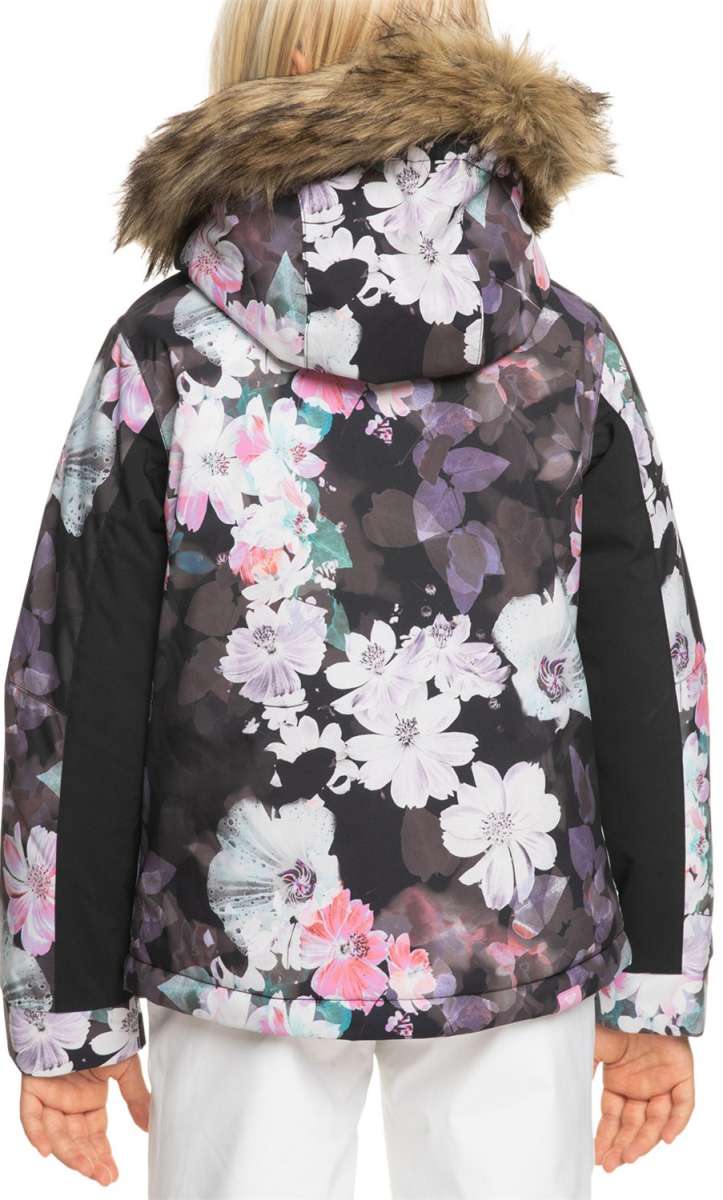 Roxy Junior's American Pie Insulated Jacket 2024 - A black jacket with a large white floral pattern and pink accents, featuring a brown faux fur-lined hood.