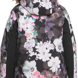 Roxy Junior's American Pie Insulated Jacket 2024 - A black jacket with a large white floral pattern and pink accents, featuring a brown faux fur-lined hood.