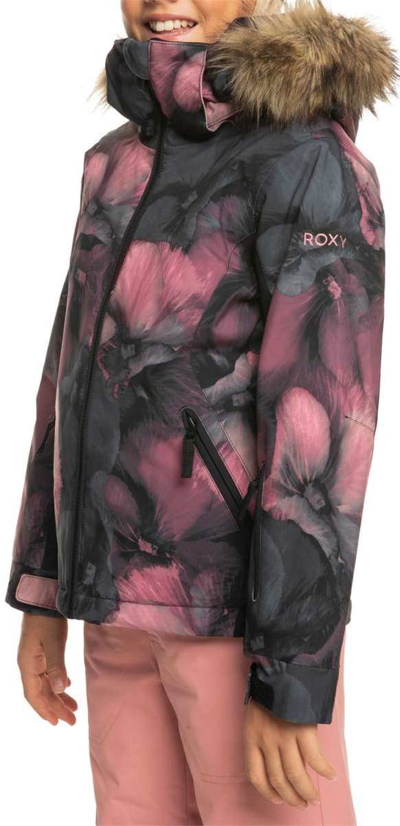 Roxy Junior's American Pie Insulated Jacket 2024 - A black and pink abstract floral patterned jacket with a fur-lined hood.
