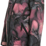 Roxy Junior's American Pie Insulated Jacket 2024 - A black and pink abstract floral patterned jacket with a fur-lined hood.