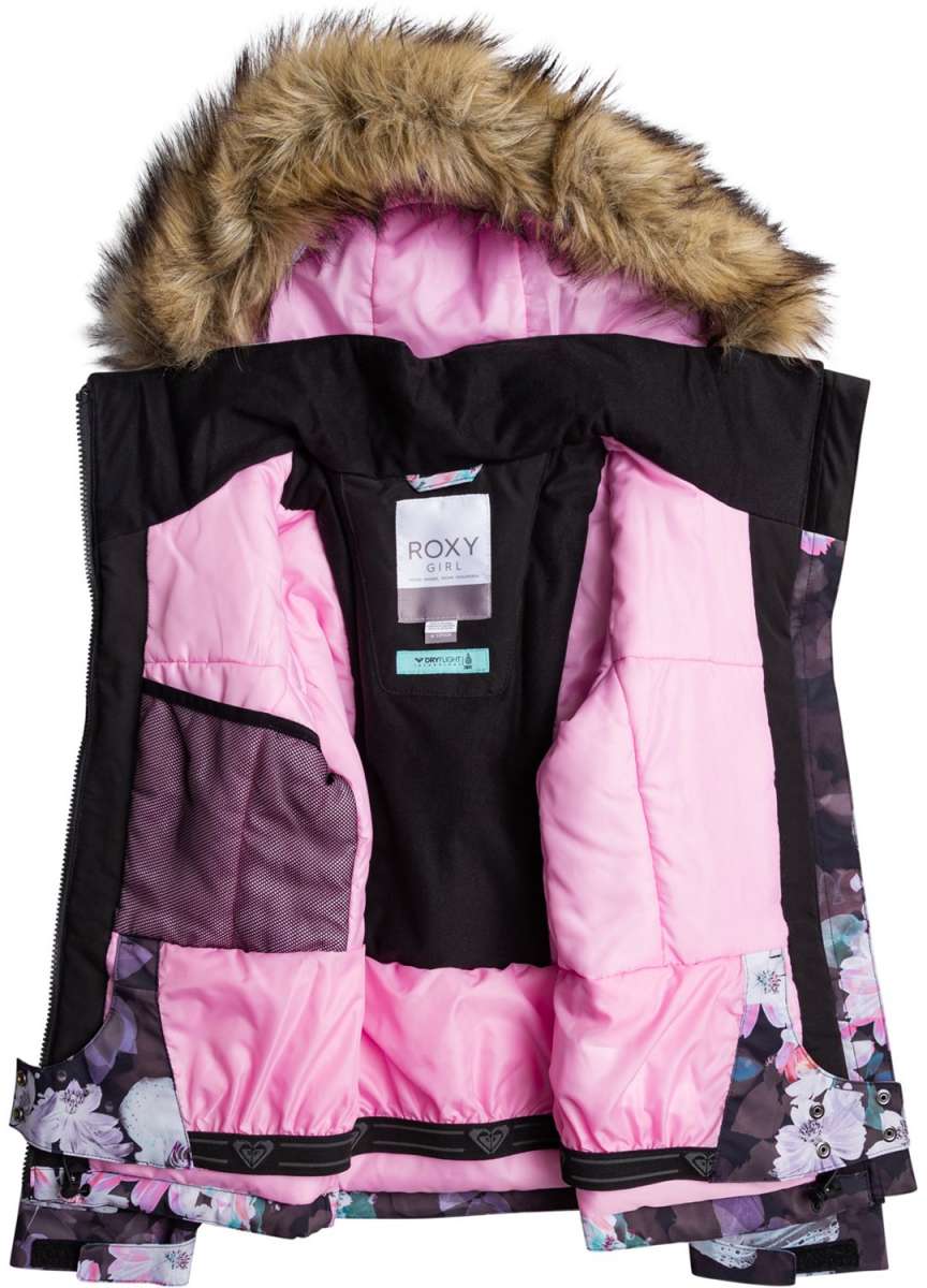 Roxy - Junior's American Pie Insulated Jacket 2024 is primarily black with a pink and white floral pattern on the lower portion of the jacket.